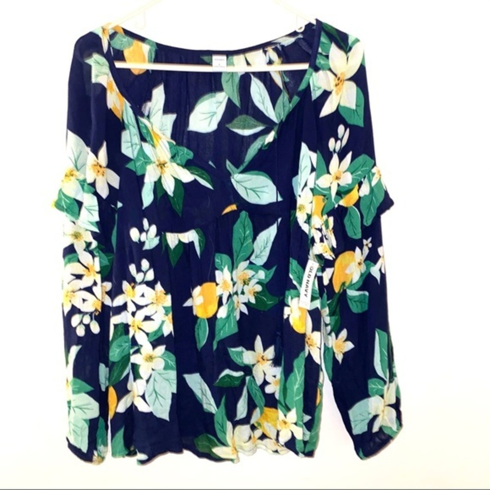 NWT old navy blue orange blouse plants oranges L